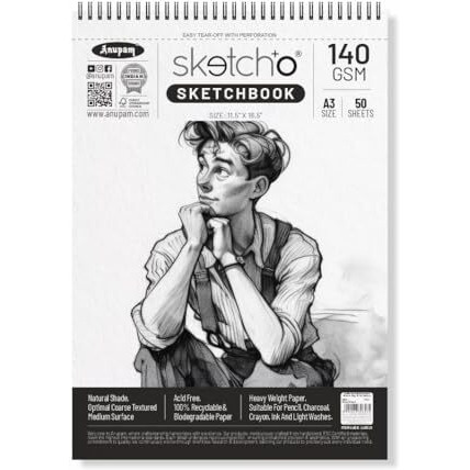 Anupam Sketch-O Sketchbook A3 | 50 Sheets 100 Pages | 140Gsm | Durable Acid Free Drawing Paper | Top Spiral-Bound Sketchpad For Artists & Professionals For Marker Colored Pencil Charcoal Pastels