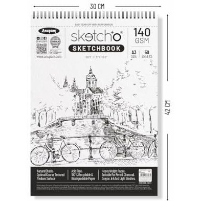 Anupam Sketch-O Sketchbook A3 | 50 Sheets 100 Pages | 140Gsm | Durable Acid Free Drawing Paper | Top Spiral-Bound Sketchpad For Artists & Professionals For Marker Colored Pencil Charcoal Pastels