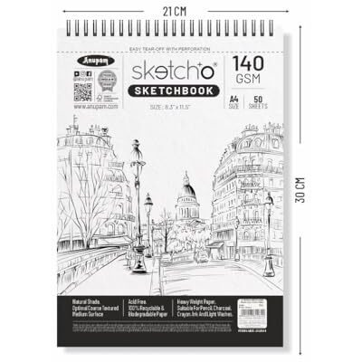 Anupam Sketch-O Sketchbook A4 | 50 Sheets 100 Pages | 140Gsm | Durable Acid Free Drawing Paper | Top Spiral-Bound Sketchpad For Artists & Professionals For Marker Colored Pencil Charcoal Pastels