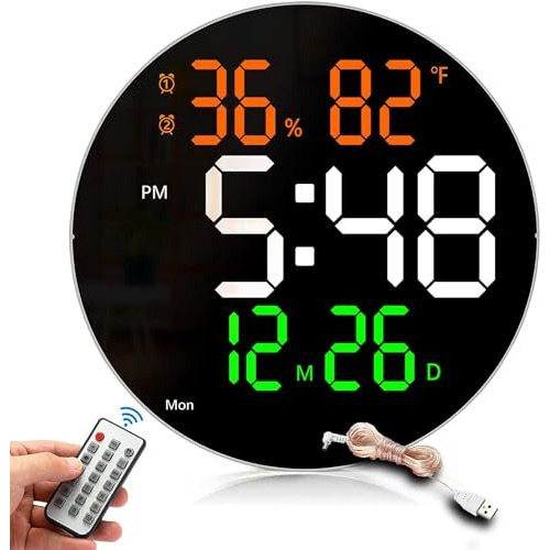 Aerys 10" Digital Wall Clock With Remote, Auto/Custom Dimmer, Temperature, Humidity Display, Dual Alarms, For Living Room, Gym, Garage, Elderly Gift (Big Round Wall Clock, Font Color May Vary)