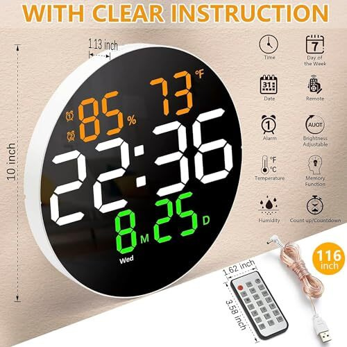 Aerys 10" Digital Wall Clock With Remote, Auto/Custom Dimmer, Temperature, Humidity Display, Dual Alarms, For Living Room, Gym, Garage, Elderly Gift (Big Round Wall Clock, Font Color May Vary)