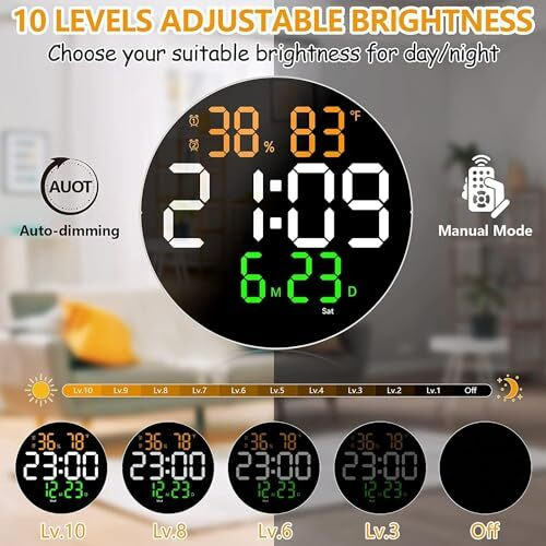 Aerys 10" Digital Wall Clock With Remote, Auto/Custom Dimmer, Temperature, Humidity Display, Dual Alarms, For Living Room, Gym, Garage, Elderly Gift (Big Round Wall Clock, Font Color May Vary)