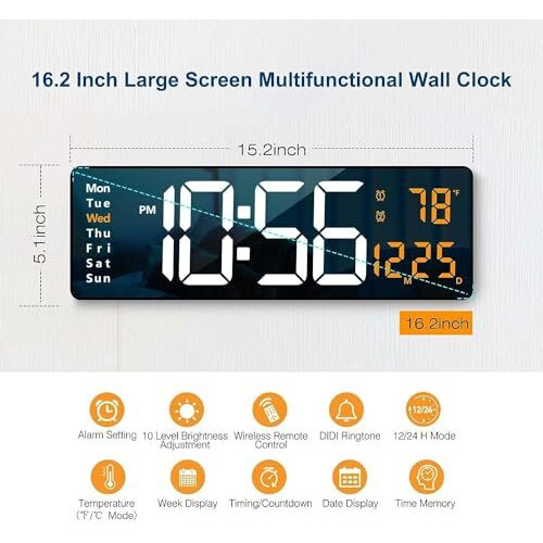 Aerys 16.2-Inch Digital Alarm Clock, Large Led Display With Remote Control, Automatic Brightness Dimmer, Big Clock With Date, Week, And Temperature Display For Wall/Table Use