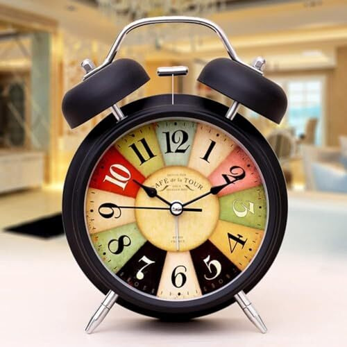 Aerys Vintage Twin Bell Alarm Clock, Analog Display, Night Led Light, Extra Loud Heavy Ringer, Table Clock For Students And Kids Bedroom (Black, 12 Cm)