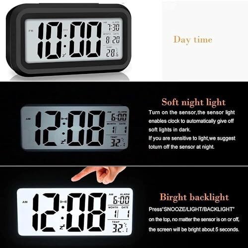 Aerys Digital Alarm Clock With Automatic Sensor, Date And Temperature Display, Table Clock For Students, Home, Office, Corporate Use (Black Digital)