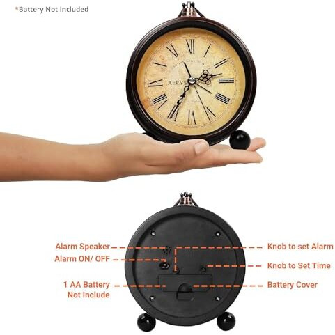 Aerys Table Clock Retro Twin Bell Metal Frame Alarm Clock & Silent Motion, High Volume Bedside Luminous Alarm For Bedroom/Office (Roman Vintage)