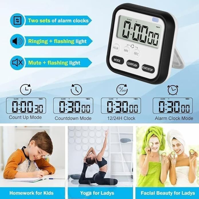 Aerys Digital Kitchen Timer And Stopwatch, Large Lcd Display, 24-Hour Countdown, Loud Alarm, Magnetic Back, Retractable Stand, Flashing Light, For Study, Cooking, Office (Black)