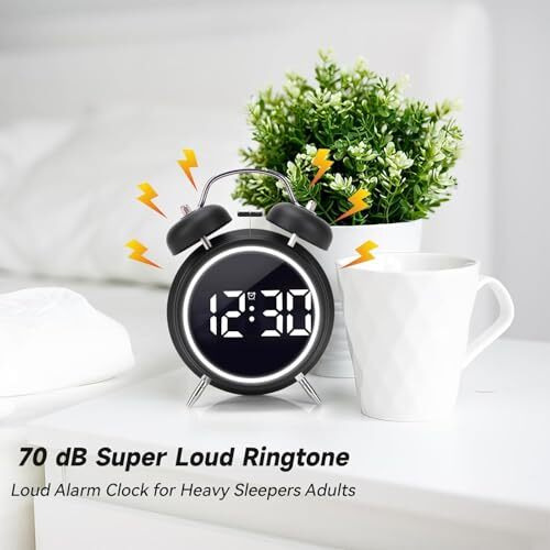 Aerys 4.5-Inch Digital Alarm Clock, Double Bell Led Silent Metal Clock With Night Light, Loud Bedside Alarm For Heavy Sleepers, Adults, Kids, Teenagers (Big Black)