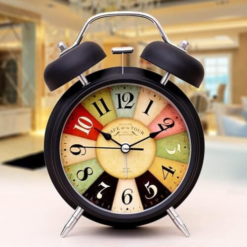 Aerys Retro Twin Bell Alarm Clock, Metal Frame, Night Backlight, Silent Movement, Luminous Table Clock For Students, Bedroom, Office, Bedside Use (Black Vintage)