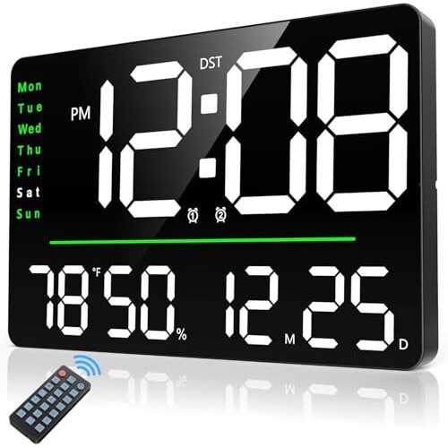 Aerys 16-Inch Digital Wall Clock, Large Led Display With Remote Control, Auto/Custom Dimmer, Temp & Humidity, Dual Alarms, For Living Room, Gym, Garage, Gift For Elderly (Font Colour May Vary)