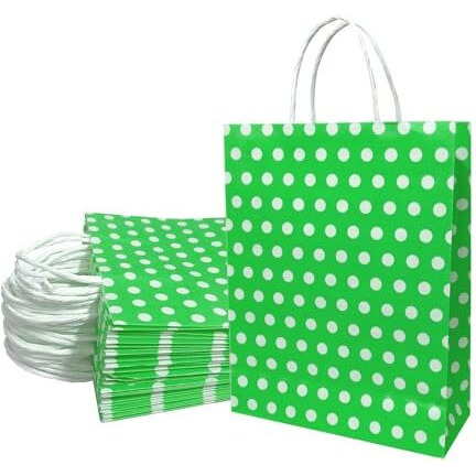 Aakriti Paper Gift Bags With Handles Polka Dot Paper Party Favor Bags For KidS Birthday Baby Shower Wedding Festivals Holiday Party (10 X8X3 Inch (Pack Of 10), Gift Bags Polka Dot Green)