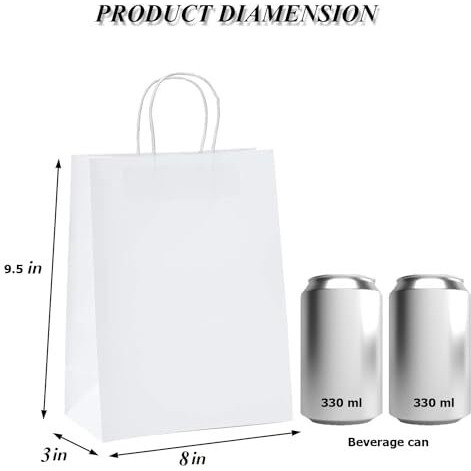 Aakriti Craft Paper Bags, Gift Bags With Handles, Small Craft Shopping Bags In Bulk For Boutiques, Small Business, Retail Stores, Gifts & Merchandise (Small-8" X 3" X 9.5", White-25Pcs)