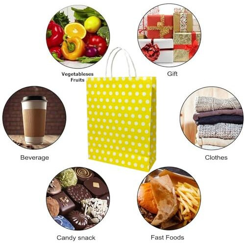Aakriti Paper Gift Bags With Handles Polka Dot Paper Party Favor Bags For KidS Birthday Baby Shower Wedding Festivals Holiday Party (10 X8X3 Inch (Pack Of 25), Gift Bags Polka Dot Yellow)
