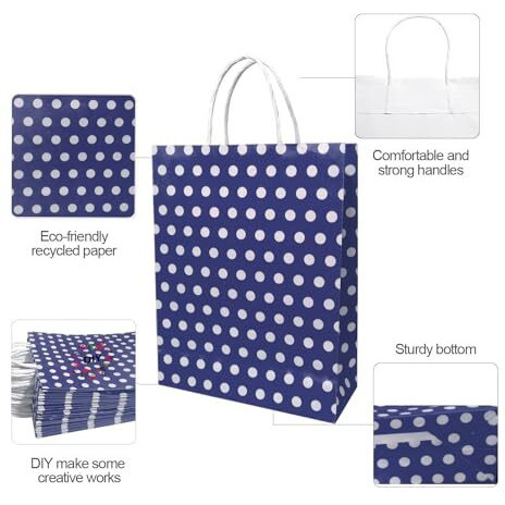 Aakriti Paper Gift Bags With Handles Polka Dot Paper Party Favor Bags For KidS Birthday Baby Shower Wedding Festivals Holiday Party (10 X8X3 Inch (Pack Of 10), Gift Bags Polka Dot Blue)