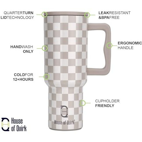 House Of Quirk 1200Ml Stainless Steel Tumbler Hot And Cold With Handle And Lid 2 Straw, Double Insulated Cup Leak Proof Mug Cupholder For Gym, Travelling (Oatmeal Check)