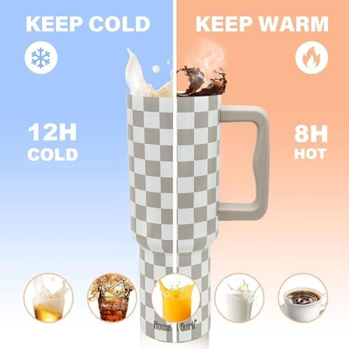 House Of Quirk 1200Ml Stainless Steel Tumbler Hot And Cold With Handle And Lid 2 Straw, Double Insulated Cup Leak Proof Mug Cupholder For Gym, Travelling (Oatmeal Check)