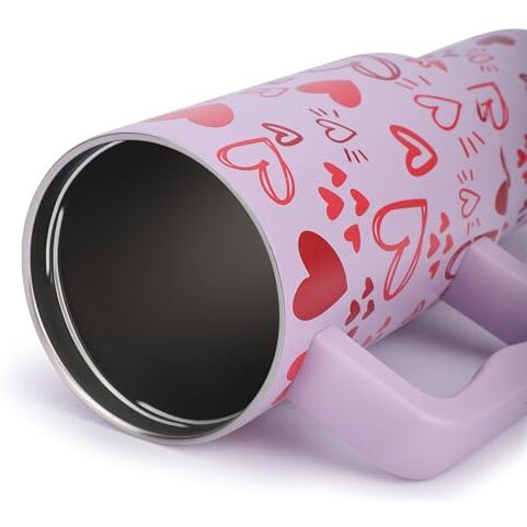 House Of Quirk 1200Ml Stainless Steel Tumbler Hot And Cold With Handle And Lid 2 Straw, Double Insulated Cup Leak Proof Mug Cupholder For Gym, Travelling (Mauve Heart)