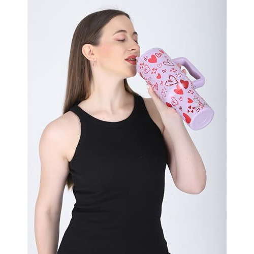 House Of Quirk 1200Ml Stainless Steel Tumbler Hot And Cold With Handle And Lid 2 Straw, Double Insulated Cup Leak Proof Mug Cupholder For Gym, Travelling (Mauve Heart)