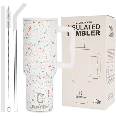 House Of Quirk 1200Ml Stainless Steel Tumbler Hot And Cold With Handle And Lid 2 Straw, Double Insulated Cup Leak Proof Mug Cupholder For Gym, Travelling (Cream Paint)