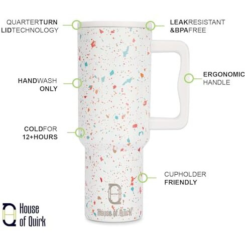 House Of Quirk 1200Ml Stainless Steel Tumbler Hot And Cold With Handle And Lid 2 Straw, Double Insulated Cup Leak Proof Mug Cupholder For Gym, Travelling (Cream Paint)