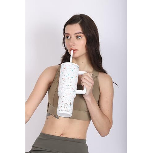 House Of Quirk 1200Ml Stainless Steel Tumbler Hot And Cold With Handle And Lid 2 Straw, Double Insulated Cup Leak Proof Mug Cupholder For Gym, Travelling (Cream Paint)