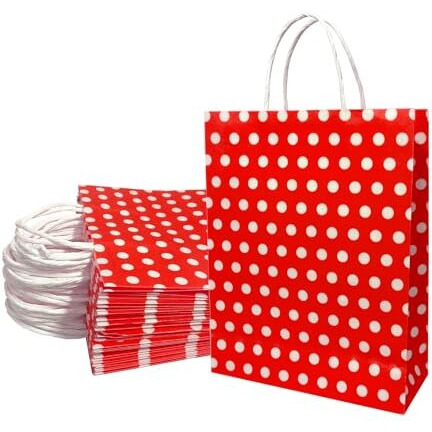 Aakriti Paper Gift Bags With Handles Polka Dot Paper Party Favor Bags For KidS Birthday Baby Shower Wedding Festivals Holiday Party (10 X8X3 Inch (Pack Of 25), Gift Bags Polka Dot Red)