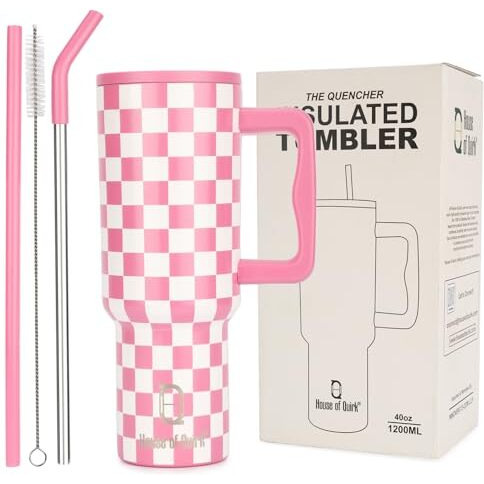 House Of Quirk 1200Ml Stainless Steel Tumbler Hot And Cold With Handle And Lid 2 Straw, Double Insulated Cup Leak Proof Mug Cupholder For Gym, Travelling (Pink Check)
