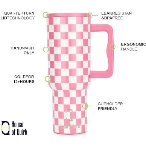 House Of Quirk 1200Ml Stainless Steel Tumbler Hot And Cold With Handle And Lid 2 Straw, Double Insulated Cup Leak Proof Mug Cupholder For Gym, Travelling (Pink Check)