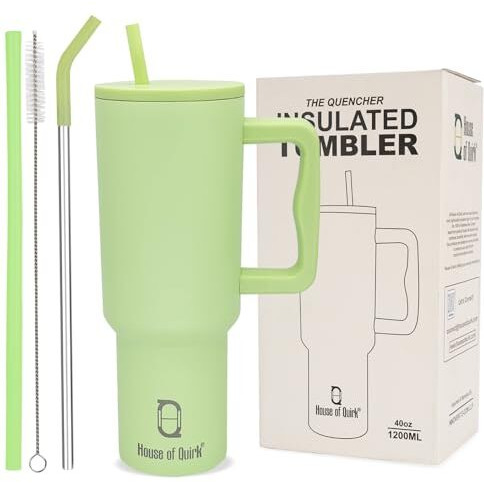 House Of Quirk 1200Ml Tumbler With Handle And Straw Lid Double Insulated Cup Reusable Stainless Steel Water Bottle Leak Proof Mug Cupholder For Gym, Travelling (Green)