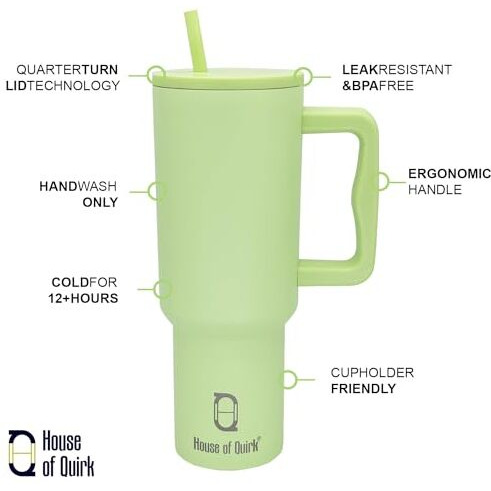 House Of Quirk 1200Ml Tumbler With Handle And Straw Lid Double Insulated Cup Reusable Stainless Steel Water Bottle Leak Proof Mug Cupholder For Gym, Travelling (Green)