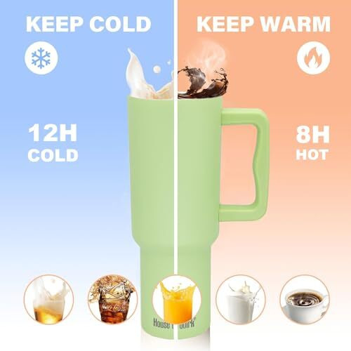 House Of Quirk 1200Ml Tumbler With Handle And Straw Lid Double Insulated Cup Reusable Stainless Steel Water Bottle Leak Proof Mug Cupholder For Gym, Travelling (Green)