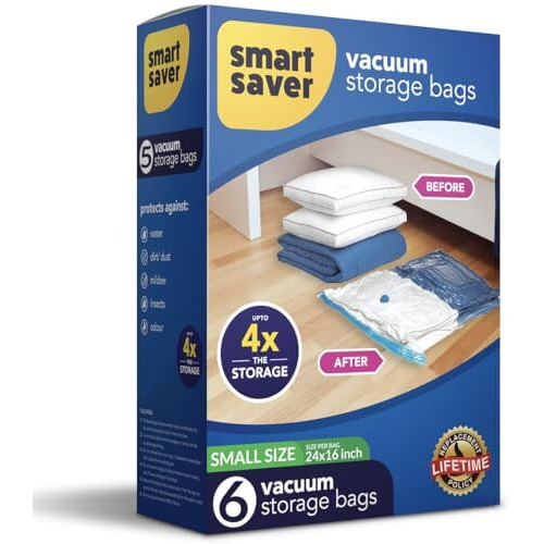 Smart Saver 6 Small Vacuum Space Saver Compression Storage Bags For Clothes, Bedding, Pillows, Comforters, Blankets,Travel, Vaccine Sealed Compression Airtight Reusable Packing Ziplock Bags