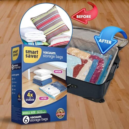 Smart Saver 6 Small Vacuum Space Saver Compression Storage Bags For Clothes, Bedding, Pillows, Comforters, Blankets,Travel, Vaccine Sealed Compression Airtight Reusable Packing Ziplock Bags