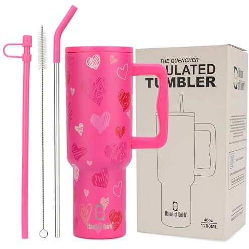 House Of Quirk 1200Ml Stainless Steel Tumbler Hot And Cold With Handle And Lid 2 Straw, Double Insulated Cup Leak Proof Mug Cupholder For Gym, Travelling (Rose Heart)