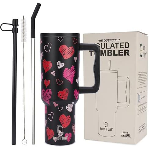 House Of Quirk 1200Ml Stainless Steel Tumbler Hot And Cold With Handle And Lid 2 Straw, Double Insulated Cup Leak Proof Mug Cupholder For Gym, Travelling (Black Heart)