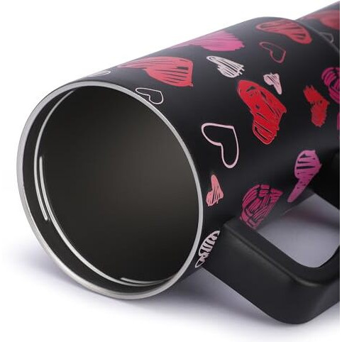 House Of Quirk 1200Ml Stainless Steel Tumbler Hot And Cold With Handle And Lid 2 Straw, Double Insulated Cup Leak Proof Mug Cupholder For Gym, Travelling (Black Heart)