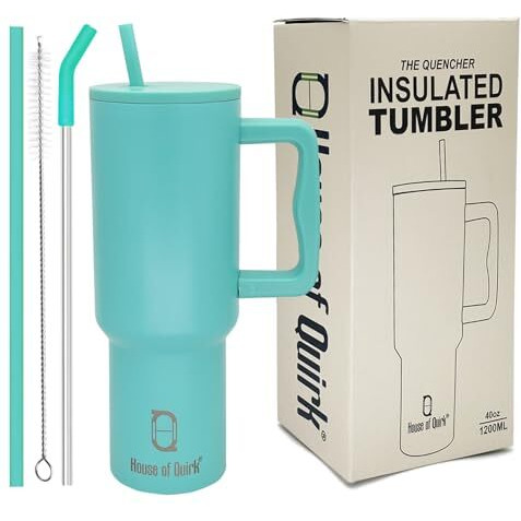 House Of Quirk 1200Ml Tumbler With Handle And Straw Lid Double Insulated Cup Reusable Stainless Steel Water Bottle Leak Proof Mug Cupholder For Gym, Travelling (Turquoise)