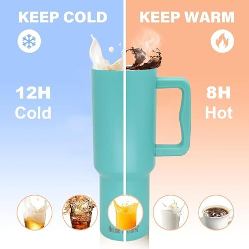 House Of Quirk 1200Ml Tumbler With Handle And Straw Lid Double Insulated Cup Reusable Stainless Steel Water Bottle Leak Proof Mug Cupholder For Gym, Travelling (Turquoise)