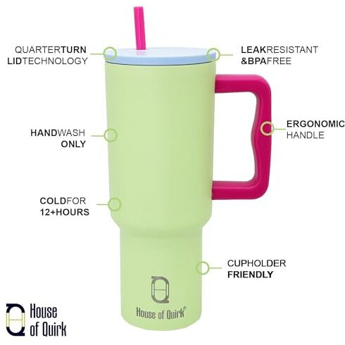 House Of Quirk 1200Ml Stainless Steel Tumbler Hot And Cold With Handle And Lid 2 Straw, Double Insulated Cup Leak Proof Mug Cupholder For Gym, Travelling (Mult-Color Seafoam)