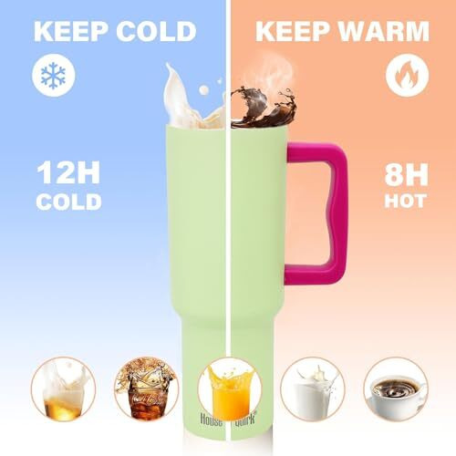House Of Quirk 1200Ml Stainless Steel Tumbler Hot And Cold With Handle And Lid 2 Straw, Double Insulated Cup Leak Proof Mug Cupholder For Gym, Travelling (Mult-Color Seafoam)