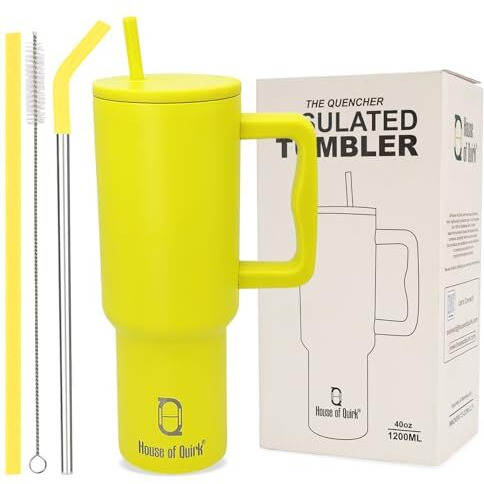 House Of Quirk 1200Ml Stainless Steel Tumbler Hot And Cold With Handle And Lid 2 Straw, Double Insulated Cup Leak Proof Mug Cupholder For Gym, Travelling (Electric Lime)