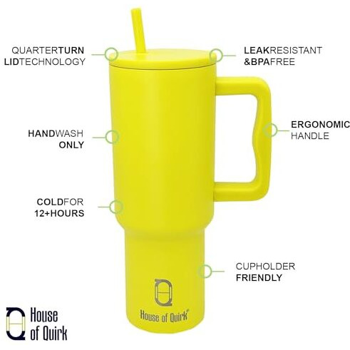House Of Quirk 1200Ml Stainless Steel Tumbler Hot And Cold With Handle And Lid 2 Straw, Double Insulated Cup Leak Proof Mug Cupholder For Gym, Travelling (Electric Lime)