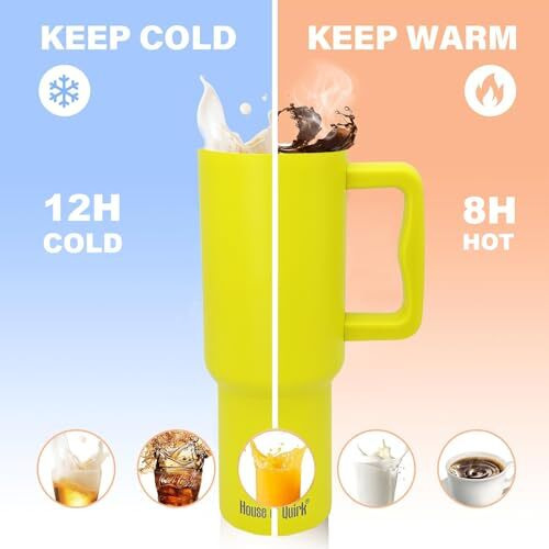 House Of Quirk 1200Ml Stainless Steel Tumbler Hot And Cold With Handle And Lid 2 Straw, Double Insulated Cup Leak Proof Mug Cupholder For Gym, Travelling (Electric Lime)