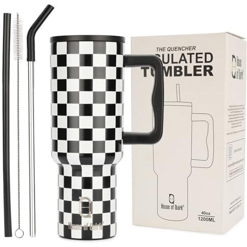 House Of Quirk 1200Ml Stainless Steel Tumbler Hot And Cold With Handle And Lid 2 Straw, Double Insulated Cup Leak Proof Mug Cupholder For Gym, Travelling (Chess)