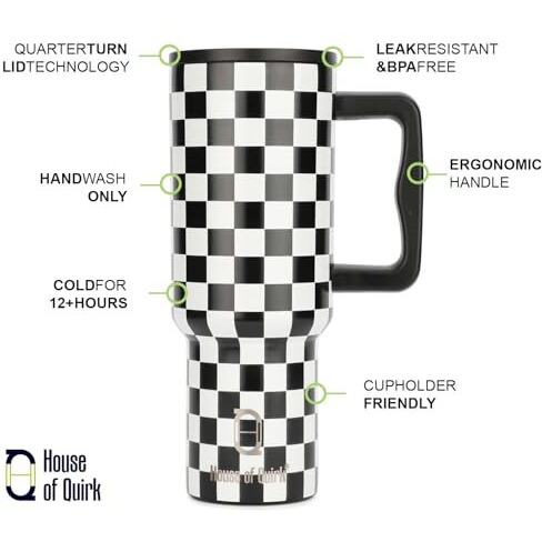 House Of Quirk 1200Ml Stainless Steel Tumbler Hot And Cold With Handle And Lid 2 Straw, Double Insulated Cup Leak Proof Mug Cupholder For Gym, Travelling (Chess)