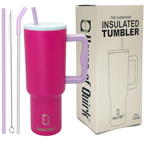 House Of Quirk 1200Ml Stainless Steel Tumbler Hot And Cold With Handle And Lid 2 Straw, Double Insulated Cup Leak Proof Mug Cupholder For Gym, Travelling (Multicolor Flamingo)