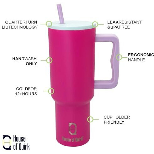 House Of Quirk 1200Ml Stainless Steel Tumbler Hot And Cold With Handle And Lid 2 Straw, Double Insulated Cup Leak Proof Mug Cupholder For Gym, Travelling (Multicolor Flamingo)