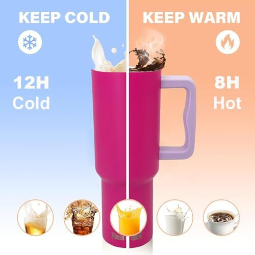 House Of Quirk 1200Ml Stainless Steel Tumbler Hot And Cold With Handle And Lid 2 Straw, Double Insulated Cup Leak Proof Mug Cupholder For Gym, Travelling (Multicolor Flamingo)