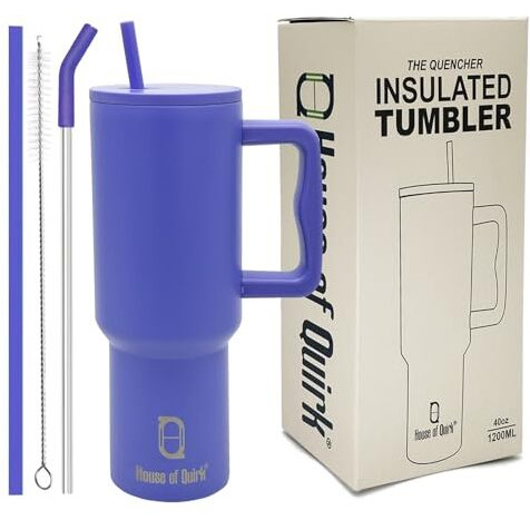 House Of Quirk 1200Ml Tumbler With Handle And Straw Lid Double Insulated Cup Reusable Stainless Steel Water Bottle Leak Proof Mug Cupholder For Gym, Travelling (Purple)