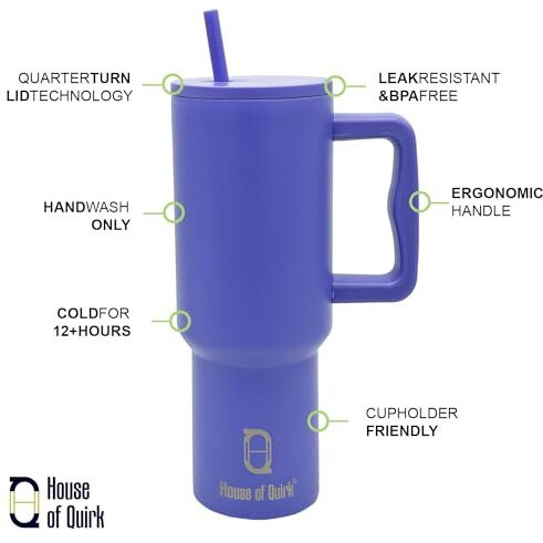 House Of Quirk 1200Ml Tumbler With Handle And Straw Lid Double Insulated Cup Reusable Stainless Steel Water Bottle Leak Proof Mug Cupholder For Gym, Travelling (Purple)
